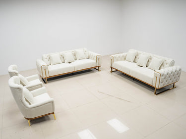 Antalya Luxury Light Cream Velvet Sofa Set with Gold Detailing - Elegant Chesterfield Design - UK Luxury Furniture
